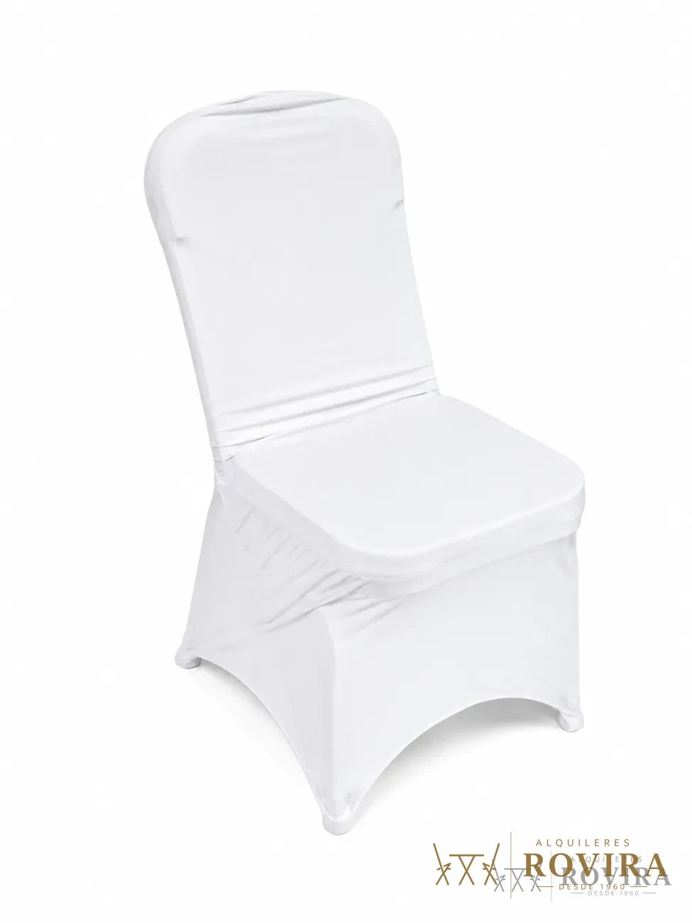 Forro spandex blanco que viste la silla plegable completa, foto de producto sobre fondo blanco