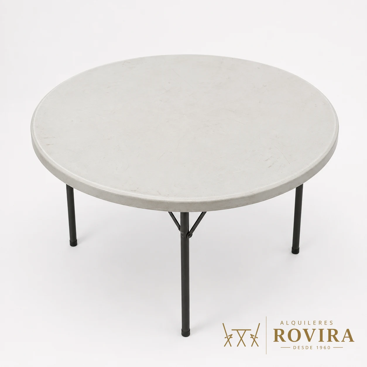 Mesa redonda plástica plegable — disponible para 4, 8 o 10 personas, foto de producto sobre fondo blanco