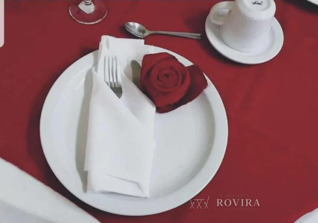 Puesto de mesa sobre mantel vino con plato blanco, servilleta con rosa roja, copa y cubiertos